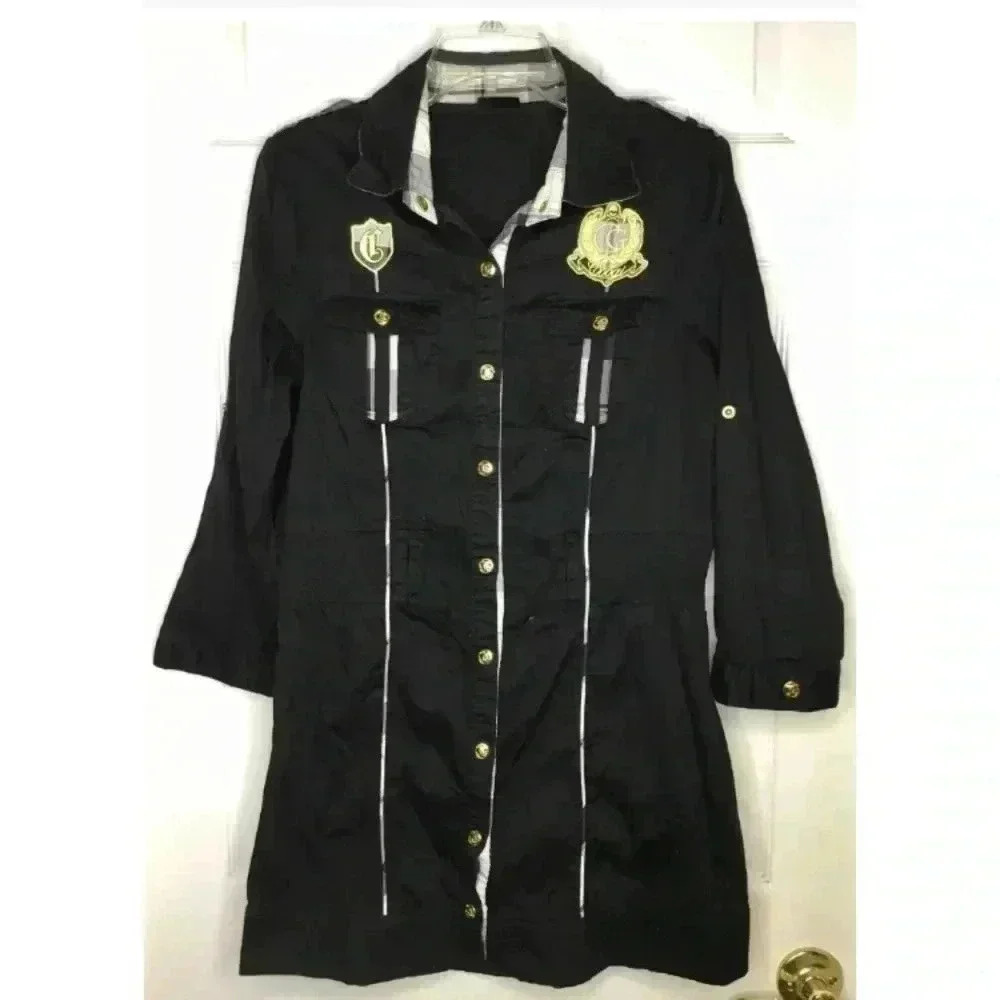 Girl COOGI Black Gold Button Up Epaulets Pockets L/s Shirt Dress Sz XL logo Gray
